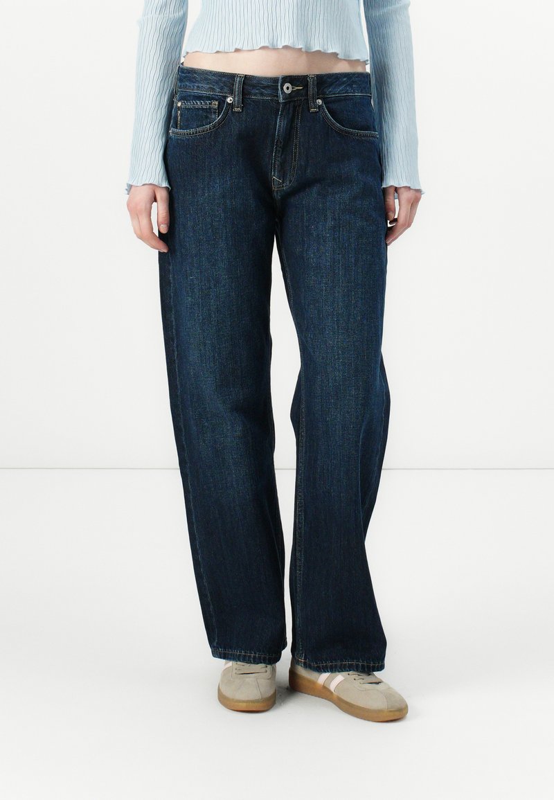 Dark blue wide-leg jeans with a classic five-pocket design, button closure, and subtle stitching. Fabric is denim with a smooth texture.