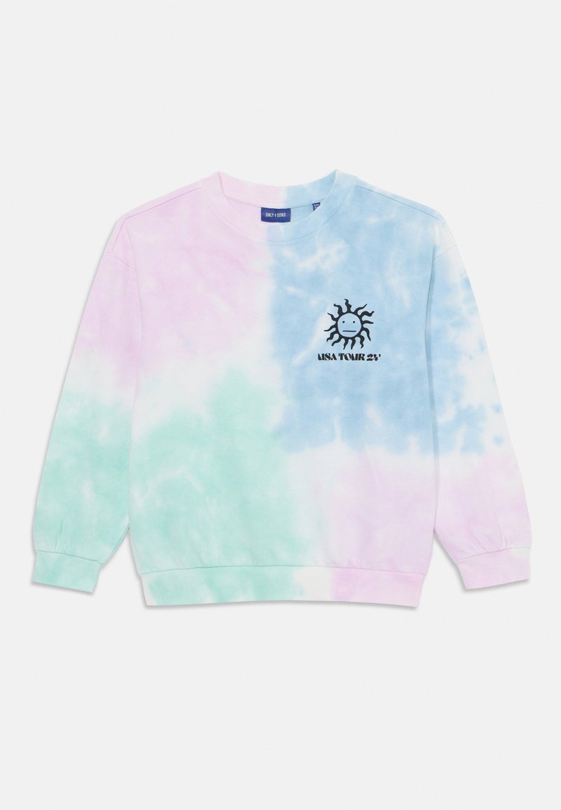 Felpa in cotone con un motivo tie-dye pastello nei toni del rosa, blu e verde. Sul davanti presenta una grafica di un sole nero e la scritta "USA TOUR 23."