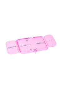 Pink fabric organizer with a zip closure, featuring multiple sections and silver accents. It opens to reveal compartments for storage.