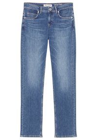 Jeans de denim azul de pierna recta que presentan un lavado medio, un ligero desvanecimiento y un diseño clásico de cinco bolsillos. Incluyen un cierre de botón y bucles para cinturón.