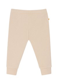 Beige cotton jogger pants with ribbed cuffs and waistband. Smooth texture, straight cut, and no visible patterns or additional details.