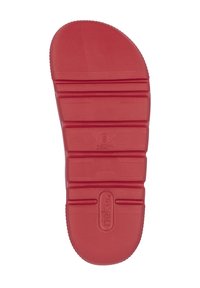 Red rubber shoe sole featuring horizontal grooves, a rounded shape, and embossed branding. Size indicated as 36-37. Textured for grip.