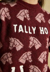 Nahaufnahme eines kastanienbraunen Pullis mit hellrosa Pferdekopf-Mustern und dem weißen Text "TALLY HO", der über die Brust gestrickt ist.