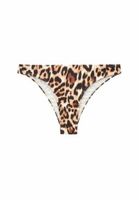 Bikini spodnjice z leopardjim vzorcem, ki imajo prilegajoč dizajn s kremasto notranjostjo in kontrastnimi črnimi detajli ob robovih.