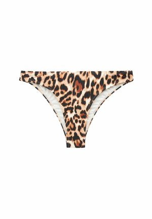 Bikini dolne w wzór panterki, charakteryzujące się dopasowanym krojem, z kremowym wnętrzem i kontrastującymi czarnymi wykończeniami na krawędziach.