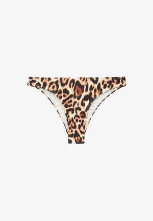 Bikiniunderdel med leopardmönster som har en figurnära design med en krämig insida och kontrasterande svarta detaljer längs kanterna.