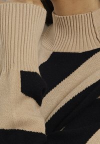 Gebreide trui met een hoge geribbelde kraag. Kenmerkt zich door beige en zwarte diagonale strepen in een zachte, gestructureerde stof.