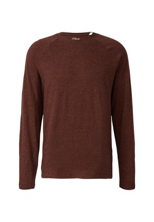 Ilgo rankovės marškiniai turtingos rudos spalvos, pasižymi tekstūruotu audiniu, apvalia iškirpte ir raglano rankovėmis, o apačioje yra mažas logotipo ženklelis.