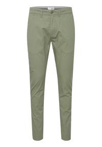 Slim-fit, olivno zeleni hlače, narejene iz mehkega bombaža z gladko teksturo, z gumbom za zapiranje in standardnim dizajnom s štirimi žepi.