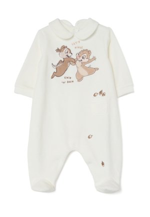 Un mono de tela suave y blanco que presenta un diseño bordado de Chip 'n' Dale, con acentos marrones y un bolsillo en la parte frontal. Con broches en la parte inferior.