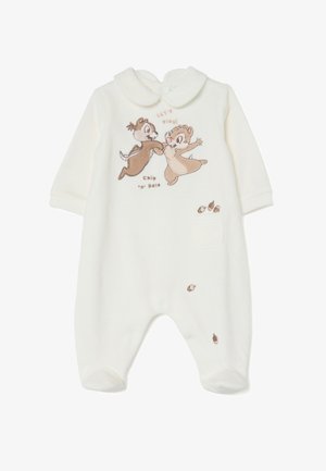Witte zachte stof jumpsuit met een geborduurd ontwerp van Chip 'n' Dale, met bruine accenten en een zak aan de voorkant. Drukknoopjes aan de onderkant.