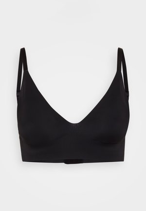 Schwarzer nahtloser Bralette mit V-Ausschnitt, verstellbaren Trägern und breitem Band. Hergestellt aus weichem, elastischem Stoff für hohen Tragekomfort.