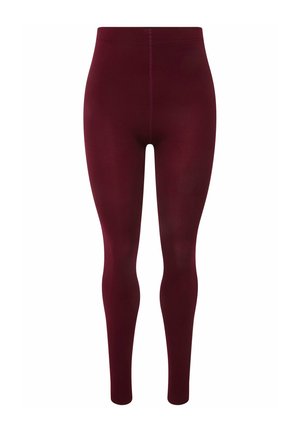 Burgunderfarbene Leggings mit hohem Bund, aus elastischem Material, mit glatter Textur und körpernaher Passform. Keine sichtbaren Muster oder Akzente.