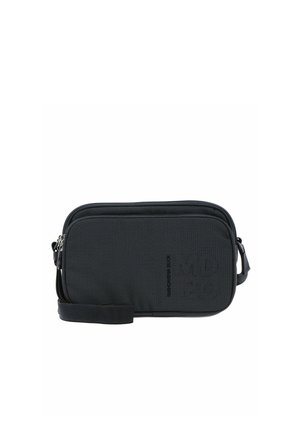 Petit sac bandoulière rectangulaire en tissu noir avec deux compartiments zippés et une sangle d'épaule réglable.