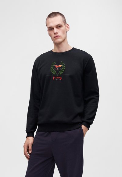 Jeune homme portant un sweat-shirt noir avec un dessin de couronne de laurier verte et un texte rouge, associé à un pantalon foncé, debout devant un fond clair.