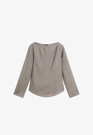 Grey long-sleeve blouse with a wide boat neckline. Made of textured fabric, featuring a straight cut and an asymmetrical hemline.