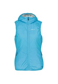 Lichtgewicht blauwe mouwloos vest met capuchon. Heeft een voorkant met rits, zijzakken en een gladde, glanzende textuur. Merkontwerp op de borst.