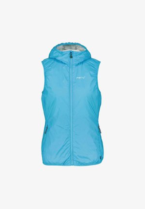 Lichtgewicht blauwe mouwloos vest met capuchon. Heeft een voorkant met rits, zijzakken en een gladde, glanzende textuur. Merkontwerp op de borst.