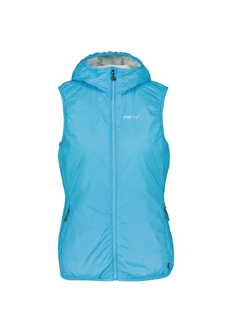 Lichtgewicht blauwe mouwloos vest met capuchon. Heeft een voorkant met rits, zijzakken en een gladde, glanzende textuur. Merkontwerp op de borst.