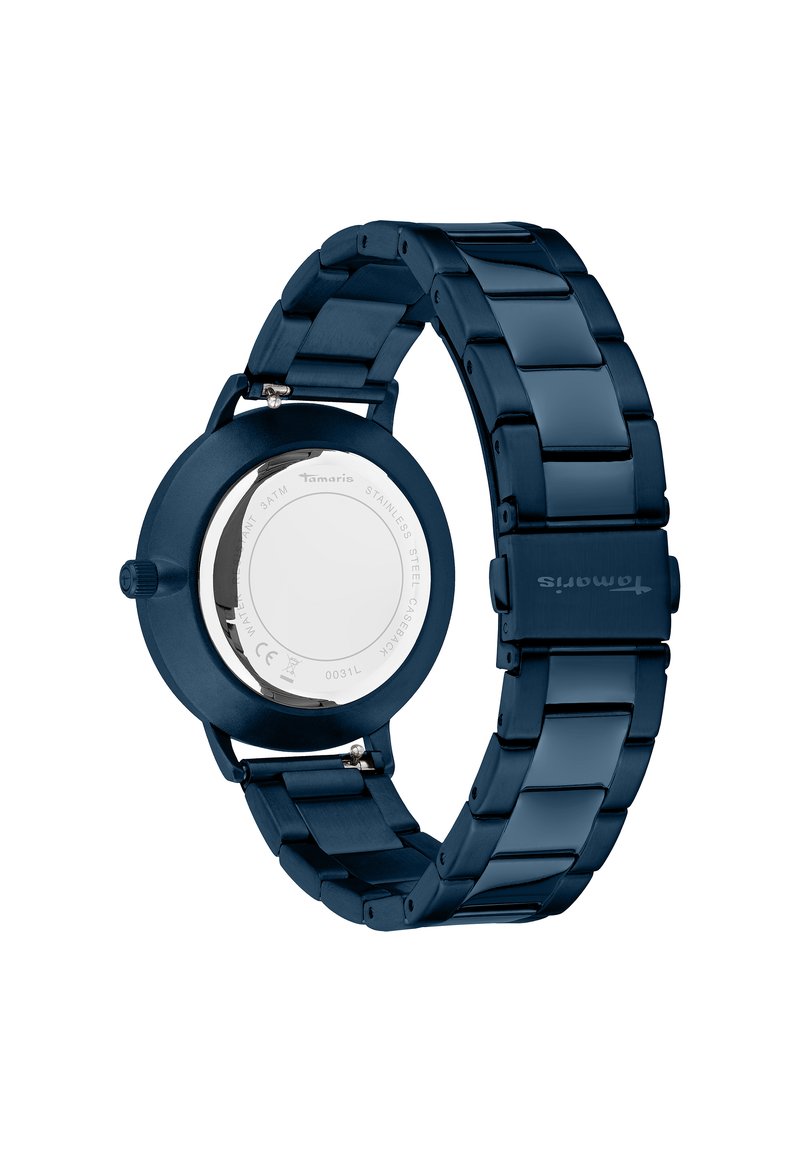 Navyblauw metalen horloge met een ronde kast, gepolijste afwerking en schakelarmband. Beschikt over een roestvrijstalen achterkant en een zijwaartse kroon.