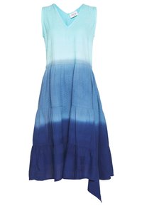 Robe sans manches avec un décolleté en V, dégradé de couleurs bleues du clair au foncé, tissu texturé, et une jupe évasée à volants avec un ourlet asymétrique.