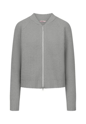 Lichtgrijze ritssluiting cardigan met ribbelstructuur, raglanmouwen en een opstaande kraag. Voorzien van een zilveren rits en ribbelrand aan de taille.