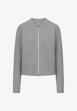 Hellgraue Zip-Cardigan mit geripptem Muster, Raglanärmeln und Stehkragen. Mit silbernem Reißverschluss und geripptem Saum in der Taille.