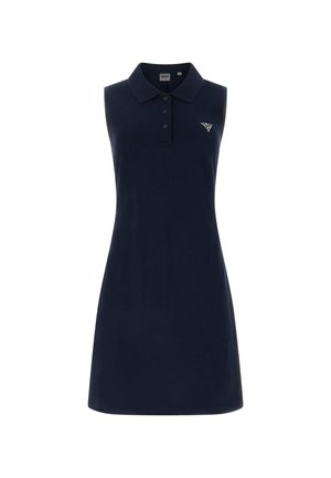 Mouwloze marineblauwe polo-jurk met een drieknopsbies en een klein driehoekig wit logo op de linkerborst.