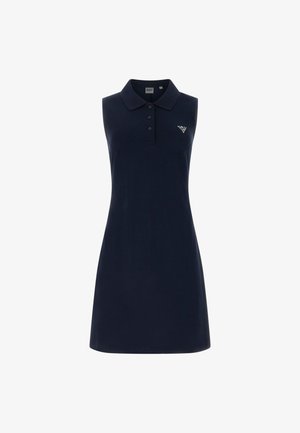 Mouwloze marineblauwe polo-jurk met een drieknopsbies en een klein driehoekig wit logo op de linkerborst.