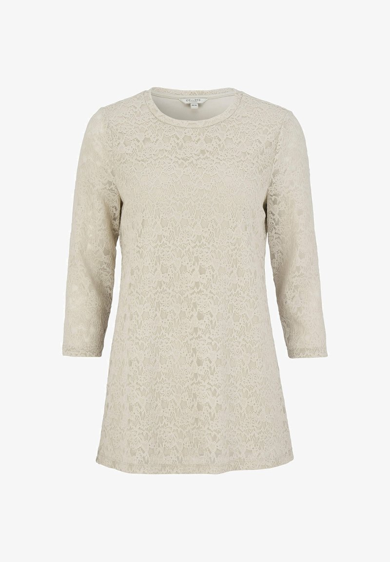 Blonde spids top i lys beige med trekvartærmer, rund halsudskæring og struktureret blomsterprint. Har en afslappet pasform og blødt materiale.