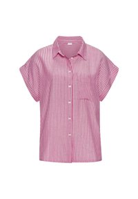 Striped pink short-sleeve shirt with a collar, front button closure, and a left chest pocket. Made of lightweight fabric with a casual fit.
