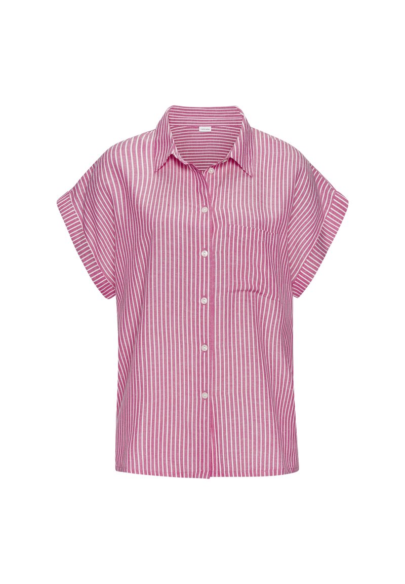 Striped pink short-sleeve shirt with a collar, front button closure, and a left chest pocket. Made of lightweight fabric with a casual fit.