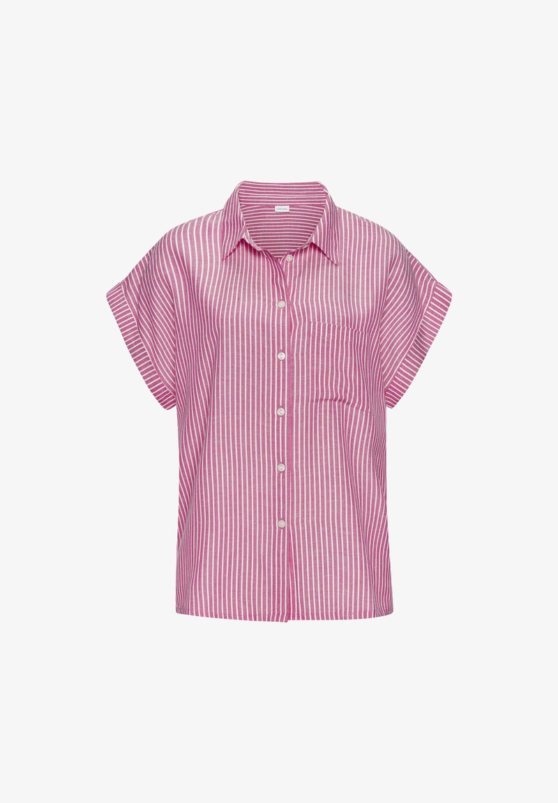 Striped pink short-sleeve shirt with a collar, front button closure, and a left chest pocket. Made of lightweight fabric with a casual fit.