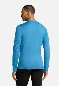 Långärmad skjorta i klarblått, tillverkad av mjukt tyg. Har en standard rund halsringning och en åtsittande design som sträcker sig ner till höfterna.