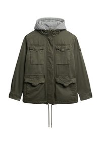 Olivengrøn parka jakke med grå hætte, med to brystlommer, to forlommer med cargo-lommer og justerbar snørrehætte i bunden.