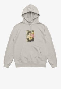 Sudadera beige con bolsillo frontal, capucha ajustable con cordón y un gráfico cuadrado de flores en colores apagados centrado en el pecho.