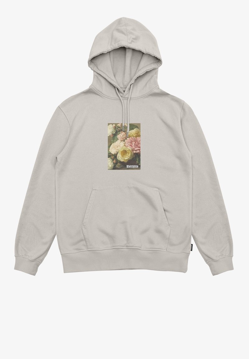Sudadera beige con bolsillo frontal, capucha ajustable con cordón y un gráfico cuadrado de flores en colores apagados centrado en el pecho.