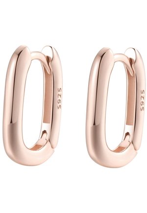 Paire de boucles d'oreilles ovales en or rose poli avec fermoir à charnière et poinçon « S925 » à l'intérieur de chaque anneau.