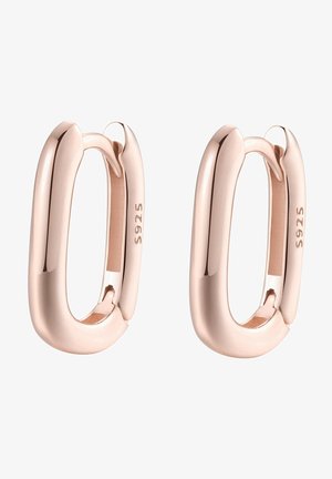 Paire de boucles d'oreilles ovales en or rose poli avec fermoir à charnière et poinçon « S925 » à l'intérieur de chaque anneau.