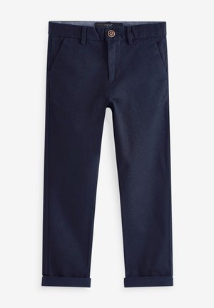 Pantalon bleu marine à jambes droites avec revers roulés, poches avant, passants de ceinture et fermeture par bouton à la taille.