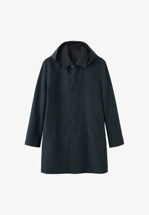 Dunkelblauer, Kapuzen-Regenmantel mit versteckten vorderen Knöpfen und zwei seitlichen Taschen, entworfen für lässige oder formelle Anlässe.