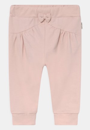 Pantalones de algodón rosa claro con cintura elástica, detalle de lazo y detalles fruncidos, piernas ajustadas con bajos con puños.
