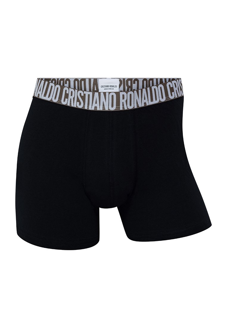 Boxer-briefs noirs en coton avec une large ceinture arborant le logo "Cristiano Ronaldo" en gris clair. Texture lisse, longueur mi-cuisse.