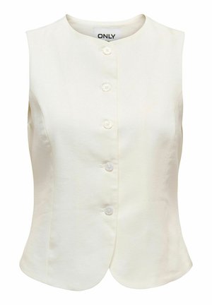 Veste sans manches de couleur crème avec boutons, col rond et taille cintrée, étiquette "ONLY" à l'intérieur du col.