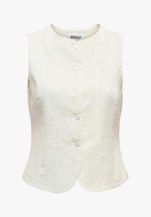 Brez rukava, kremasto bijeli prsluk s kopčanjem na gumbe, okruglim izrezom i prianjajućim strukom, s natpisom "ONLY" unutar ovratnika.