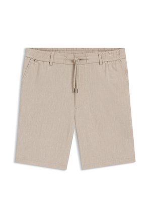 Beige casual shorts tot op de knieën met elastische tailleband, riemlussen, voorzakken en een trekkoord met metalen uiteinden.