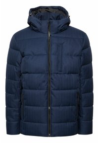 Marineblaue Steppjacke mit Kapuze, aus strukturiertem Stoff, mit Reißverschluss vorne und einer Brusttasche. Mit seitlichen Taschen mit Reißverschlüssen.