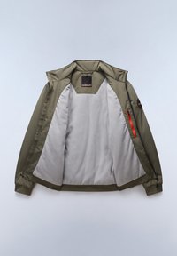 Groene, lichte, zip-up jas met een grijze fleece voering, zijzakken en elastische manchetten. Heeft een zwart label op de binnenste kraag.
