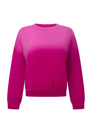Fuchsiafarbener Pullover mit Farbverlauf, langen Ärmeln, rundem Ausschnitt sowie elastischem Saum und Bündchen. Glatte Textur.