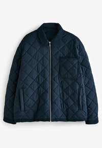 Veste matelassée bleu marine avec col, fermeture éclair à l'avant, une poche poitrine et deux poches latérales, posée à plat sur un fond blanc.